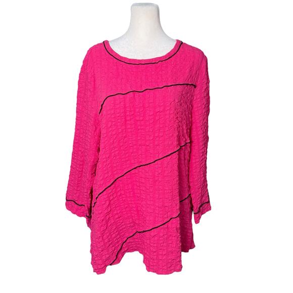Ali Miles Blouse Women Medium Stretch Crinkle Gauze Hot Pink Artsy Flowy Fun Top - Picture 1 of 10